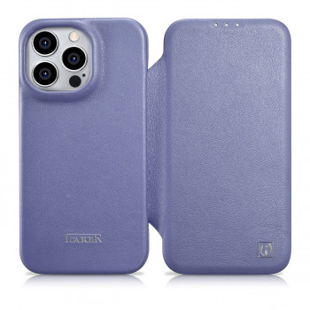 iCarer CE Premium Leather Folio Case odinis dėklas su atvartu Apple iPhone 14 Pro Max, MagSafe, šviesiai violetinis (ICR419)