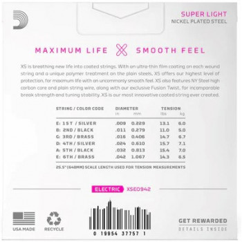 Daddario D'Addario XSE0942 elektrinės gitaros stygų rinkinys, Super Light 9–42