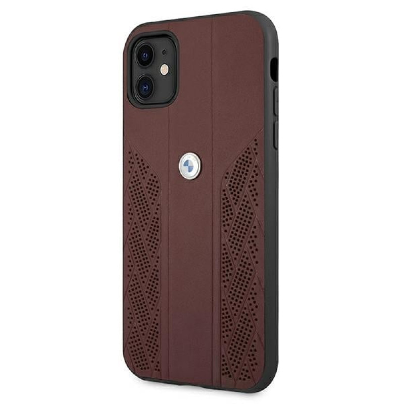 BMW BMHCN61RSPPR Leather Curve Perforate kietasis dėklas telefonui Apple iPhone 11, raudonas