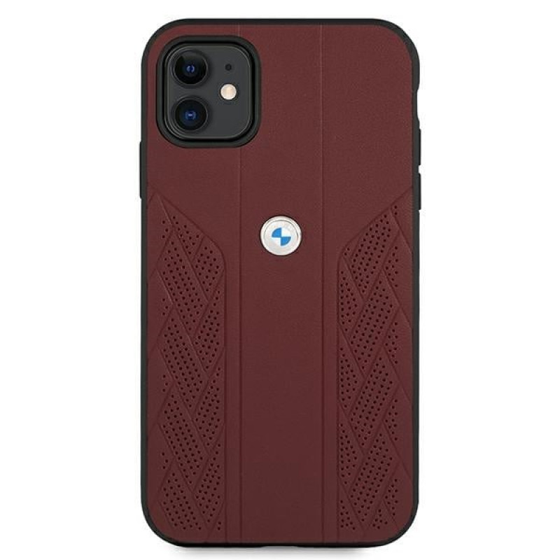 BMW BMHCN61RSPPR Leather Curve Perforate kietasis dėklas telefonui Apple iPhone 11, raudonas
