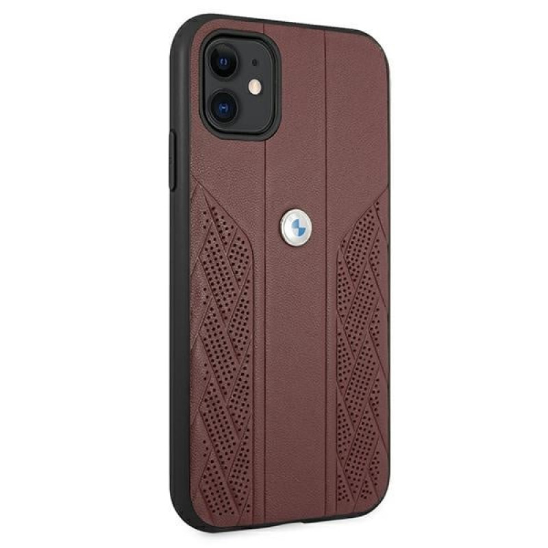 BMW BMHCN61RSPPR Leather Curve Perforate kietasis dėklas telefonui Apple iPhone 11, raudonas
