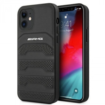 Mercedes-AMG AMHCP12SGSEBK Leather Debossed Lines kietasis dėklas telefonui Apple iPhone 12 mini, juodas