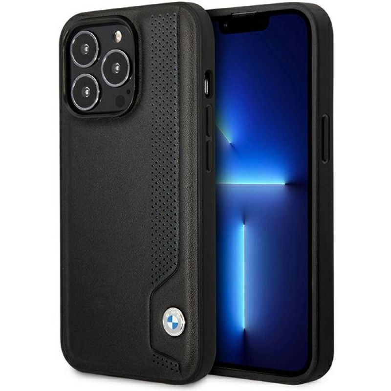 BMW BMHCP14L22RBDK Leather Blue Dots kietasis dėklas skirtas iPhone 14 Pro 6,1", juodas