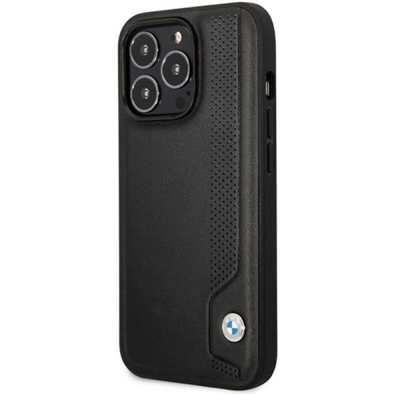 BMW BMHCP14L22RBDK Leather Blue Dots kietasis dėklas skirtas iPhone 14 Pro 6,1", juodas