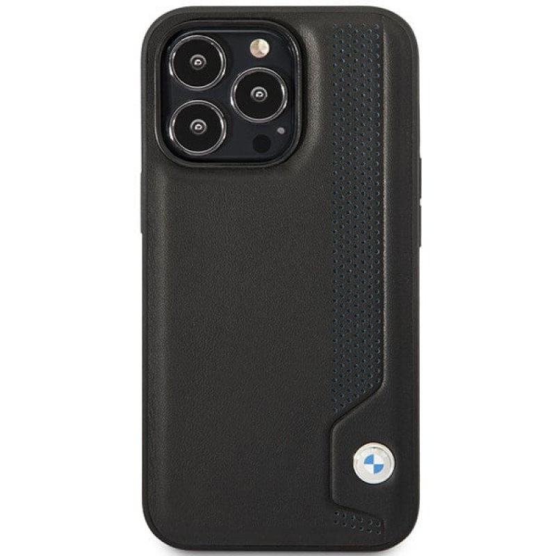 BMW BMHCP14X22RBDK Leather Blue Dots kietasis dėklas skirtas iPhone 14 Pro Max 6,7", juodas