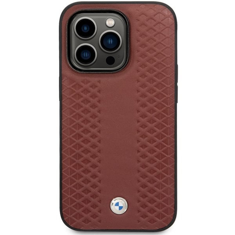 BMW BMHCP14L22RFGR Leather Diamond Pattern kietasis dėklas skirtas iPhone 14 Pro 6,1", bordinis