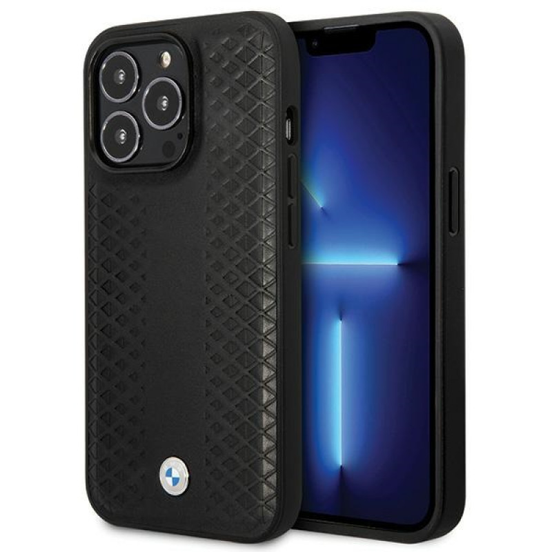BMW BMHCP14L22RFGK Leather Diamond Pattern kietasis dėklas skirtas iPhone 14 Pro 6,1", juodas