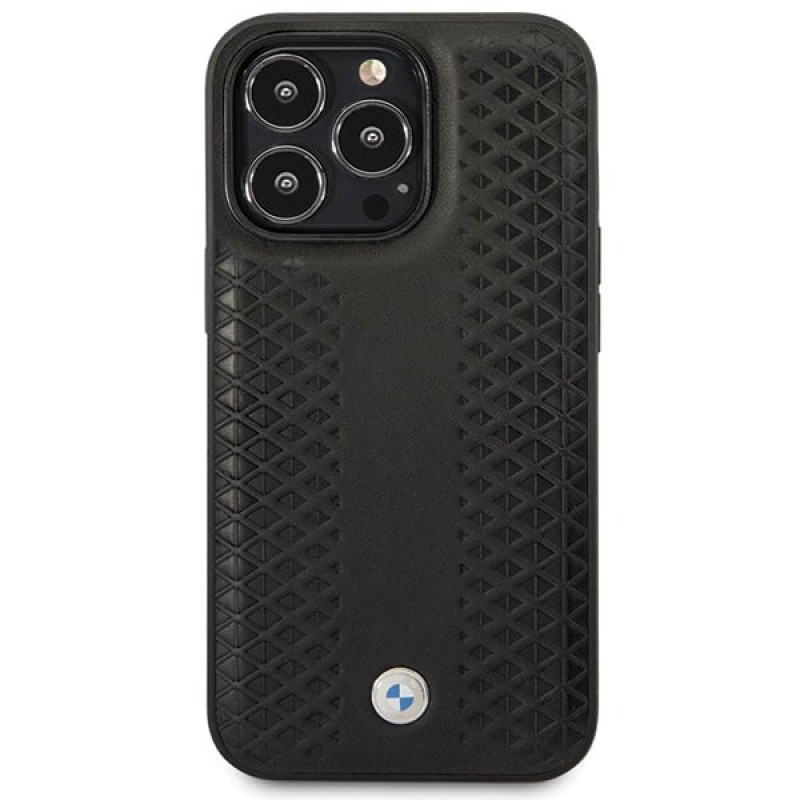 BMW BMHCP14L22RFGK Leather Diamond Pattern kietasis dėklas skirtas iPhone 14 Pro 6,1", juodas
