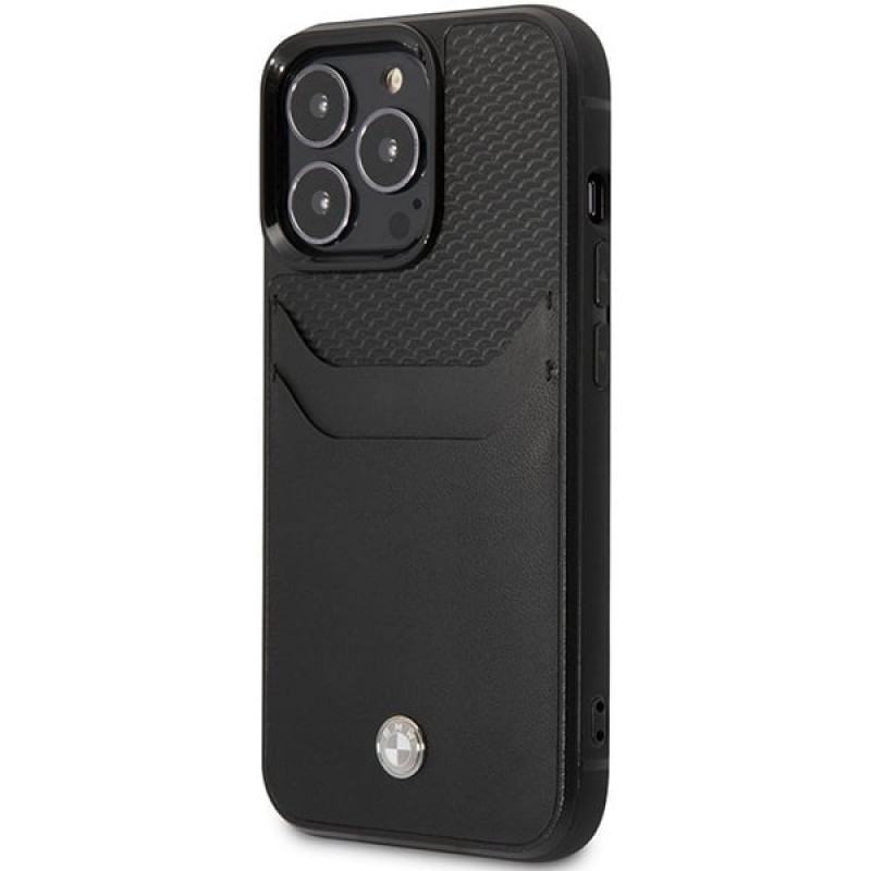 BMW BMHCP14L22RSEPK telefono dėklas, skirtas iPhone 14 Pro, juodas, Leather Card Slot
