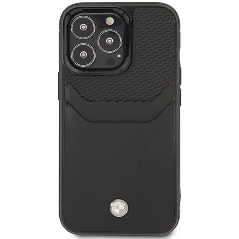 BMW BMHCP14L22RSEPK telefono dėklas, skirtas iPhone 14 Pro, juodas, Leather Card Slot