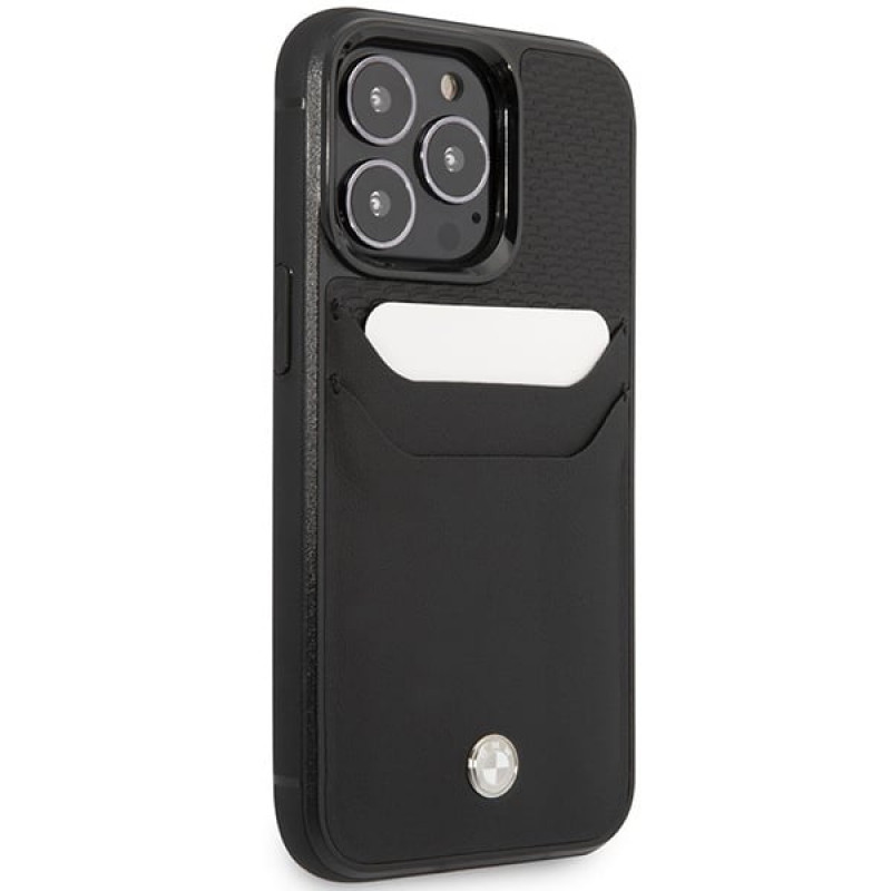 BMW BMHCP14L22RSEPK telefono dėklas, skirtas iPhone 14 Pro, juodas, Leather Card Slot