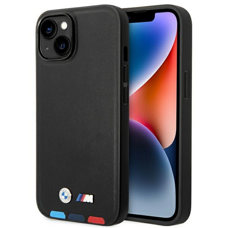 BMW BMHCP14M22PTDK telefono dėklas, skirtas iPhone 14 Plus, juodas, Leather Stamp Tricolor
