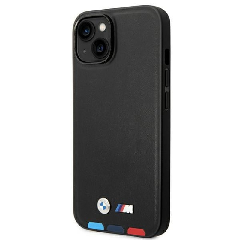 BMW BMHCP14M22PTDK telefono dėklas, skirtas iPhone 14 Plus, juodas, Leather Stamp Tricolor
