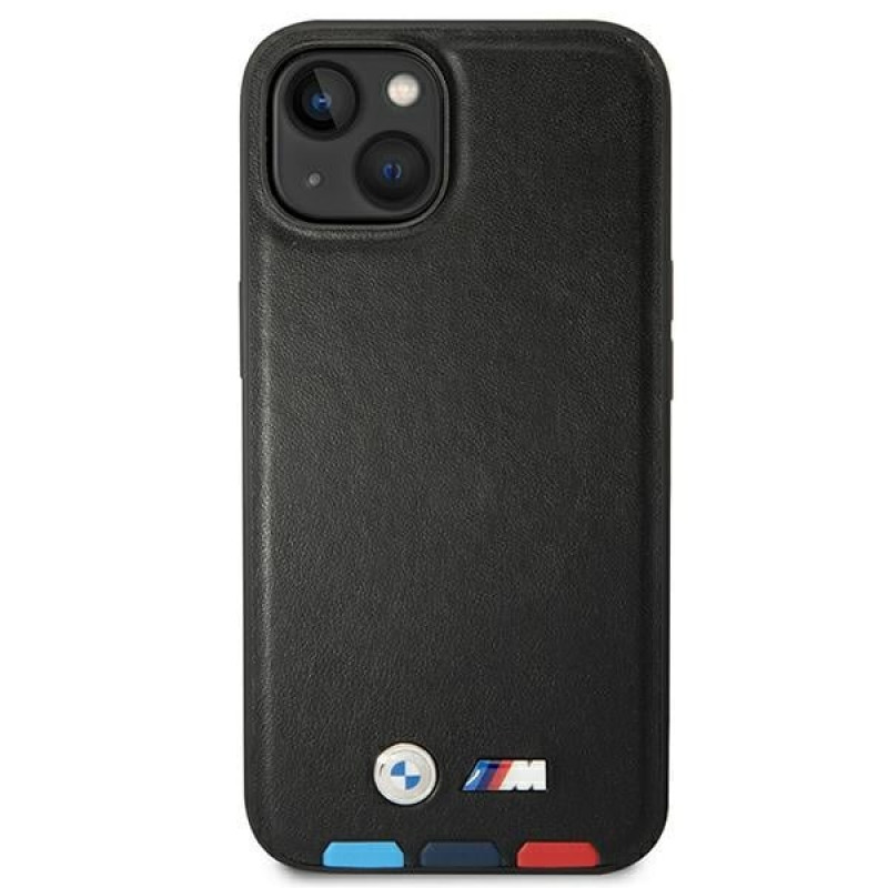 BMW BMHCP14M22PTDK telefono dėklas, skirtas iPhone 14 Plus, juodas, Leather Stamp Tricolor
