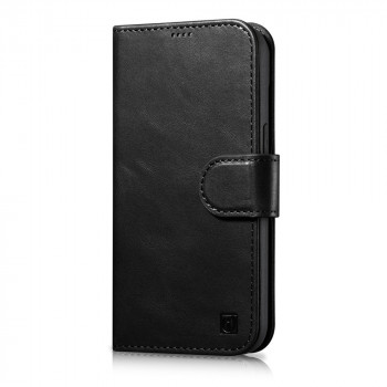 iCarer Oil Wax Wallet Case 2in1 Anti-RFID odinis dėklas-knygelė, skirtas iPhone 14 Plus, juodas (WMI14220723-BK)