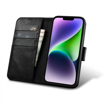 iCarer Oil Wax Wallet Case 2in1 Anti-RFID odinis dėklas-knygelė, skirtas iPhone 14 Plus, juodas (WMI14220723-BK)