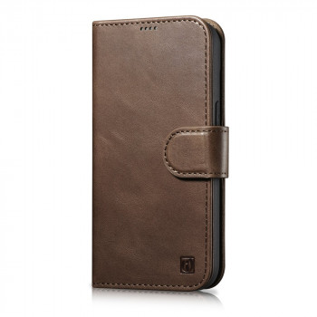 iCarer Oil Wax Wallet Case 2in1 Anti-RFID odinis dėklas-knygelė, skirtas iPhone 14 Plus, rudas (WMI14220723-BN)