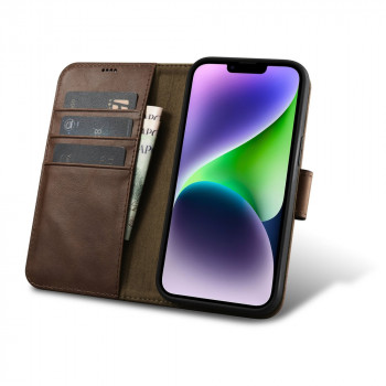 iCarer Oil Wax Wallet Case 2in1 Anti-RFID odinis dėklas-knygelė, skirtas iPhone 14 Plus, rudas (WMI14220723-BN)