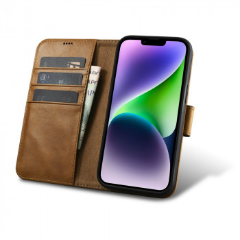 iCarer Oil Wax Wallet Case 2in1 Anti-RFID odinis dėklas-knygelė, skirtas iPhone 14 Plus, rudas (WMI14220723-TN)
