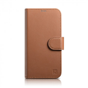 iCarer Wallet Case 2in1 Anti-RFID odinis dėklas-knygelė, skirtas iPhone 14 Plus, rudas (WMI14220727-BN)