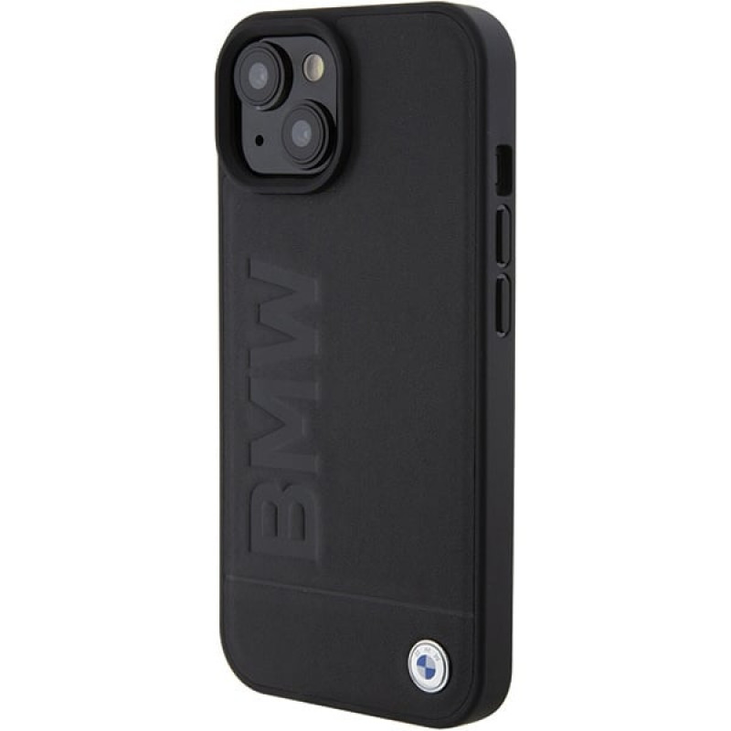 BMW Leather Hot Stamp MagSafe dėklas Apple iPhone 15 Plus / 14 Plus, juodas