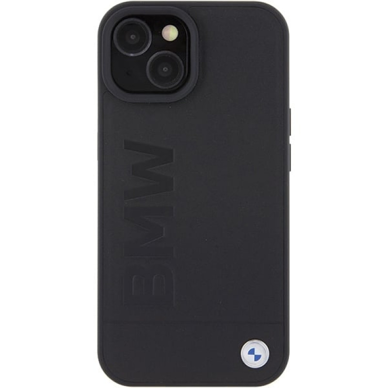 BMW Leather Hot Stamp MagSafe dėklas Apple iPhone 15 Plus / 14 Plus, juodas