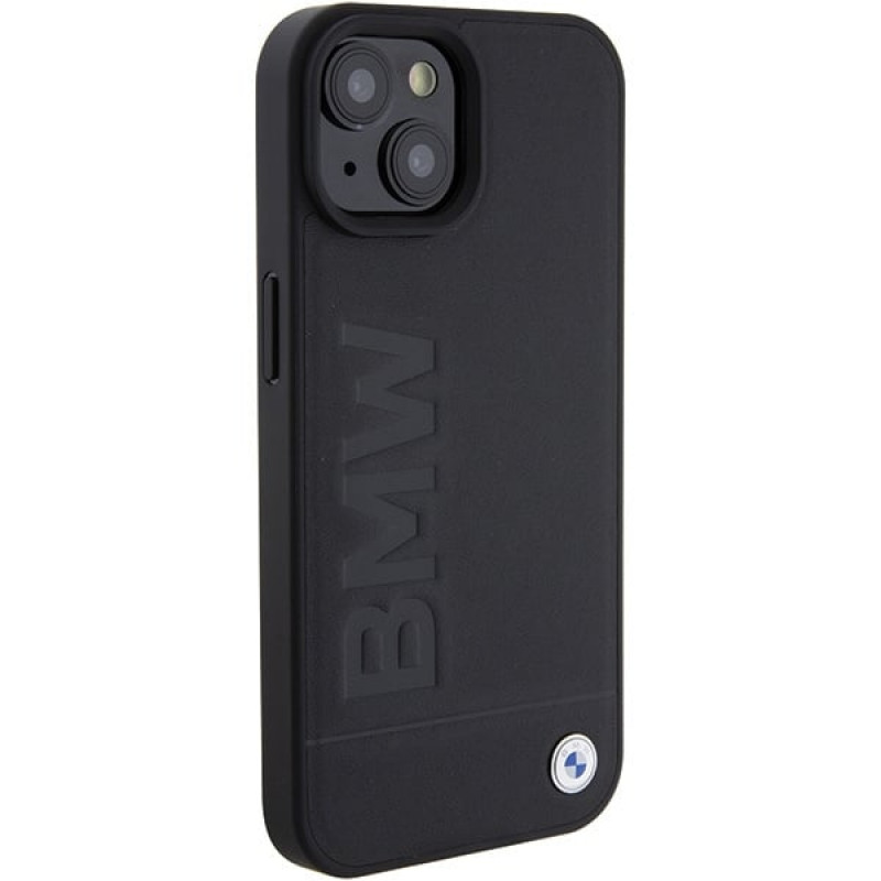 BMW Leather Hot Stamp MagSafe dėklas Apple iPhone 15 Plus / 14 Plus, juodas