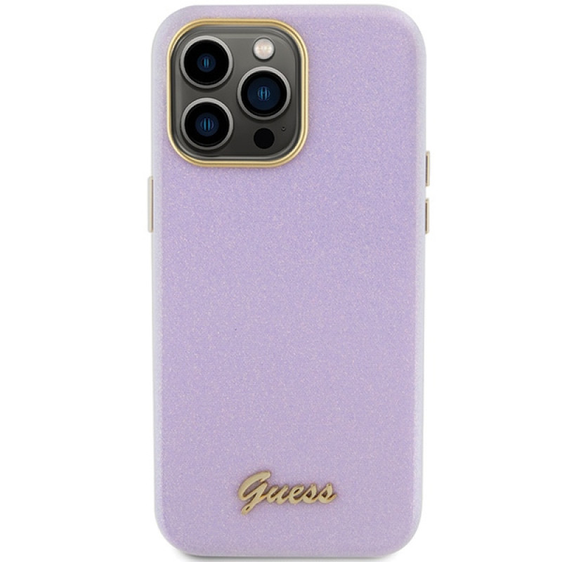 Guess GUHCP15XPGMCSL Glitter Glossy Script dėklas Apple iPhone 15 Pro Max, alyvinis