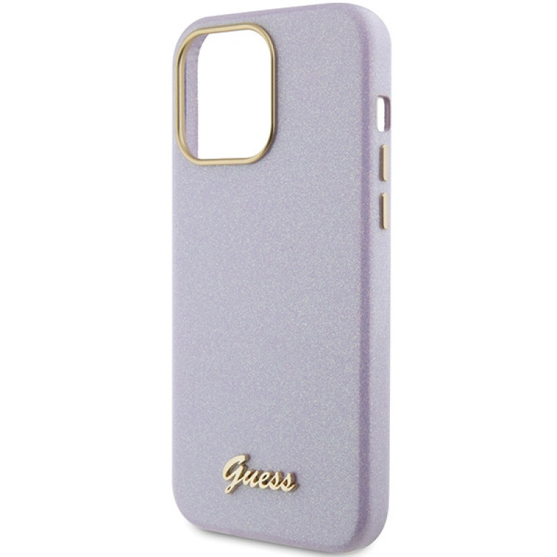 Guess GUHCP15XPGMCSL Glitter Glossy Script dėklas Apple iPhone 15 Pro Max, alyvinis