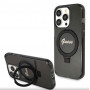 Guess Ring Stand Script Glitter MagSafe kietasis dėklas, skirtas Apple iPhone 15 Pro Max, juodas