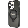 Guess Ring Stand Script Glitter MagSafe kietasis dėklas, skirtas Apple iPhone 15 Pro Max, juodas