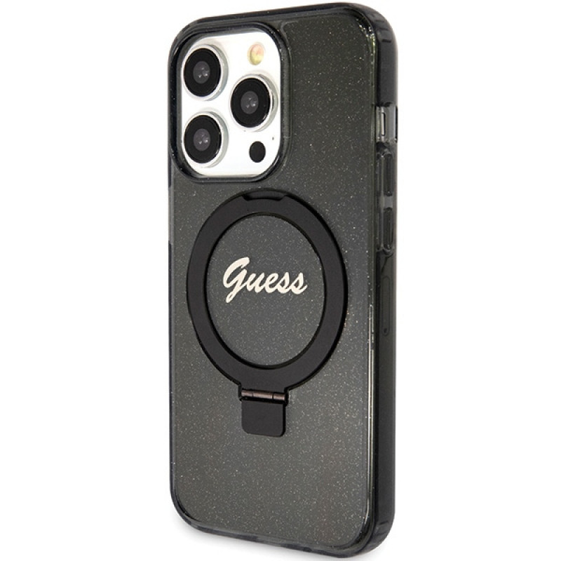 Guess Ring Stand Script Glitter MagSafe kietasis dėklas, skirtas Apple iPhone 15 Pro Max, juodas