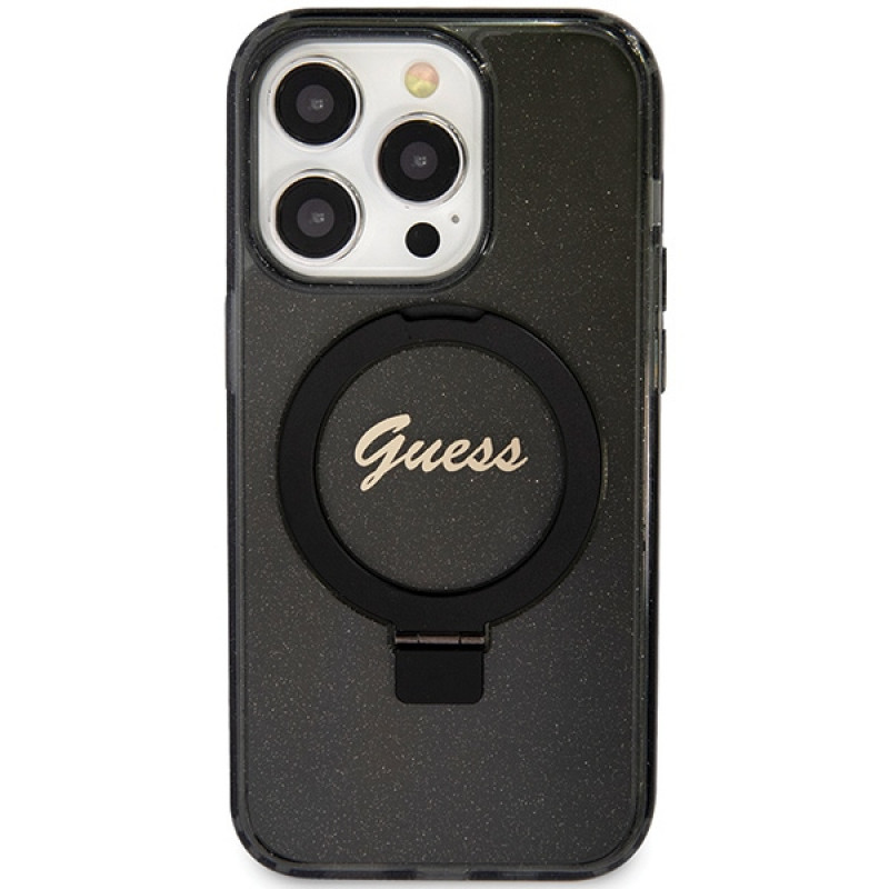 Guess Ring Stand Script Glitter MagSafe kietasis dėklas, skirtas Apple iPhone 15 Pro Max, juodas