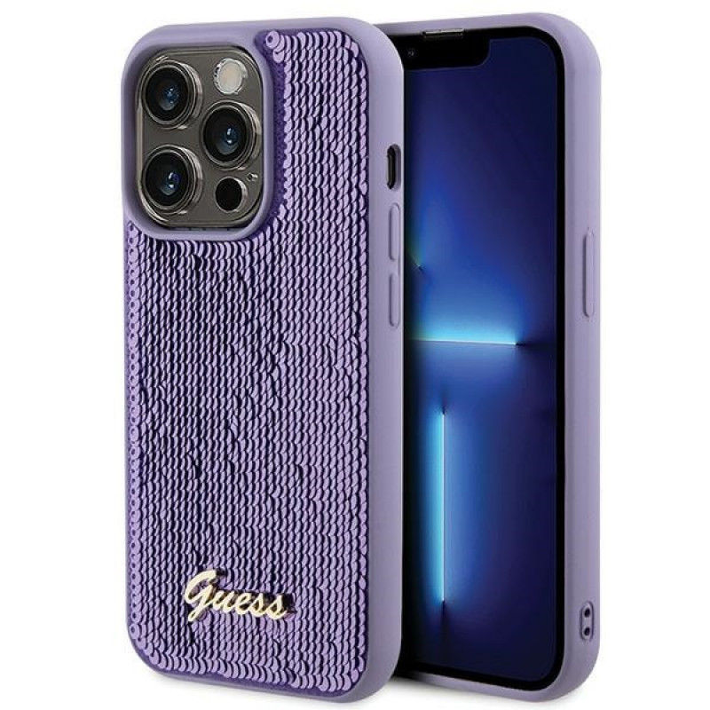 Guess Sequin Script Metal kietasis dėklas Apple iPhone 15 Pro Max, purpurinis (GUHCP15XPSFDGSU)