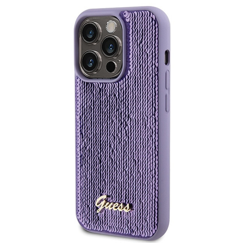 Guess Sequin Script Metal kietasis dėklas Apple iPhone 15 Pro Max, purpurinis (GUHCP15XPSFDGSU)