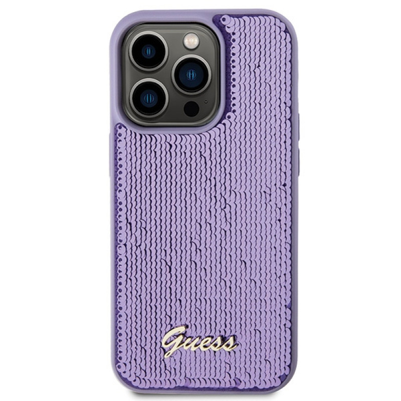 Guess Sequin Script Metal kietasis dėklas Apple iPhone 15 Pro Max, purpurinis (GUHCP15XPSFDGSU)