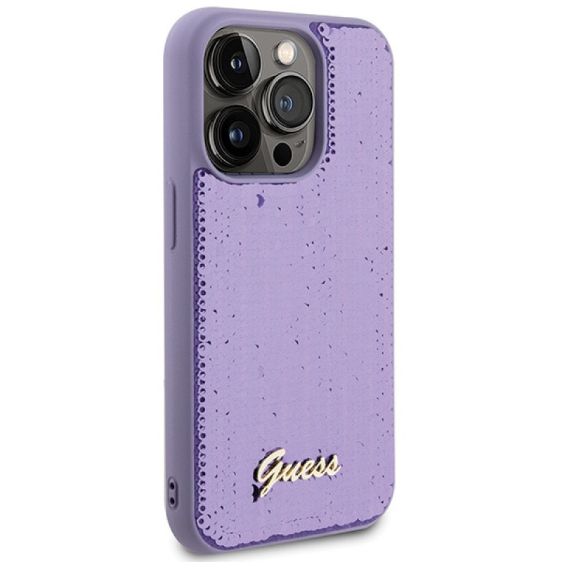 Guess Sequin Script Metal kietasis dėklas Apple iPhone 15 Pro Max, purpurinis (GUHCP15XPSFDGSU)