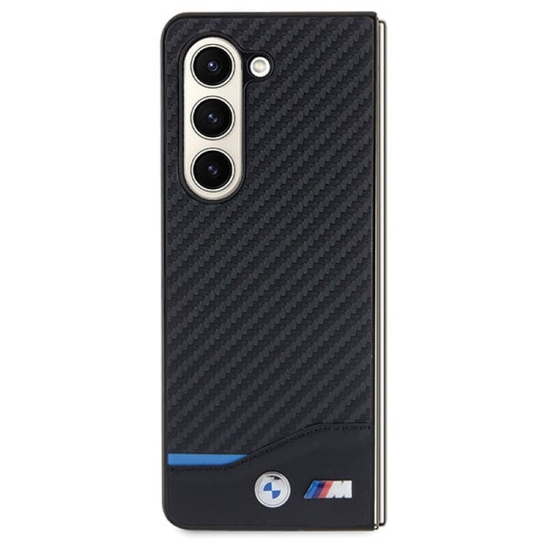 BMW BMHCZFD522NBCK Leather Carbon dėklas su kietu korpusu, skirtas Samsung Galaxy Z Fold5, juodas