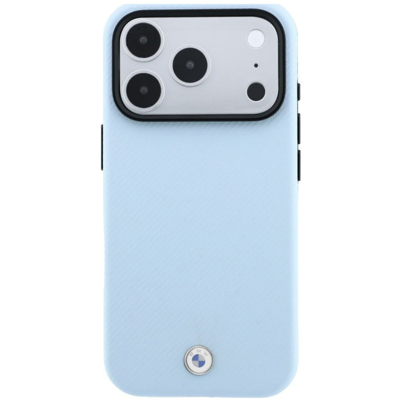 BMW Kevlar Metal Logo MagSafe dėklas, skirtas Apple iPhone 18 Pro / 17 Pro, mėlynas