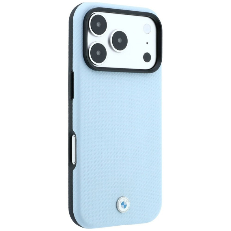 BMW Kevlar Metal Logo MagSafe dėklas, skirtas Apple iPhone 18 Pro / 17 Pro, mėlynas