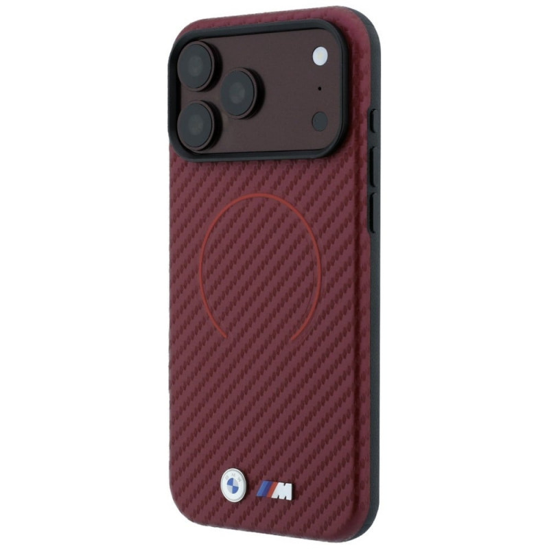 BMW M Carbon Printed Ring MagSafe apsauginis dėklas, skirtas Apple iPhone 18 Pro Max / 17 Pro Max, raudonas