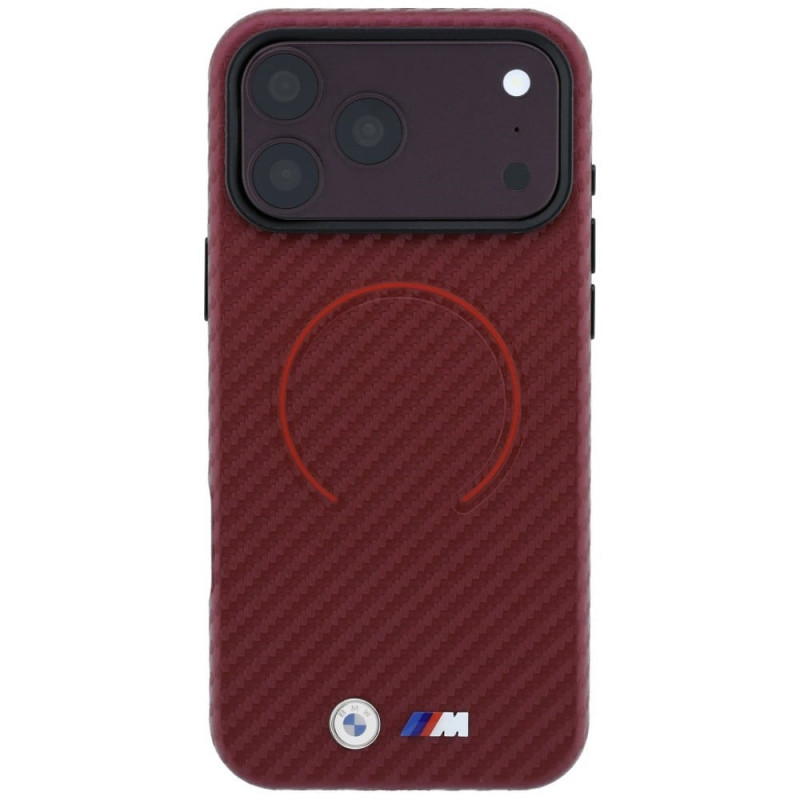 BMW M Carbon Printed Ring MagSafe apsauginis dėklas, skirtas Apple iPhone 18 Pro Max / 17 Pro Max, raudonas