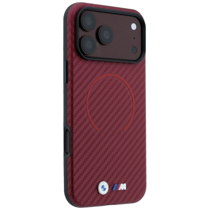 BMW M Carbon Printed Ring MagSafe apsauginis dėklas, skirtas Apple iPhone 18 Pro Max / 17 Pro Max, raudonas