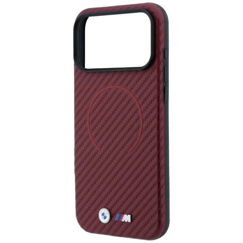 BMW M Carbon Printed Ring MagSafe apsauginis dėklas, skirtas Apple iPhone 18 Pro Max / 17 Pro Max, raudonas