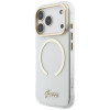 Guess IML Script Metal MagSafe dėklas, skirtas Apple iPhone 18 Pro Max / 17 Pro Max, permatomas