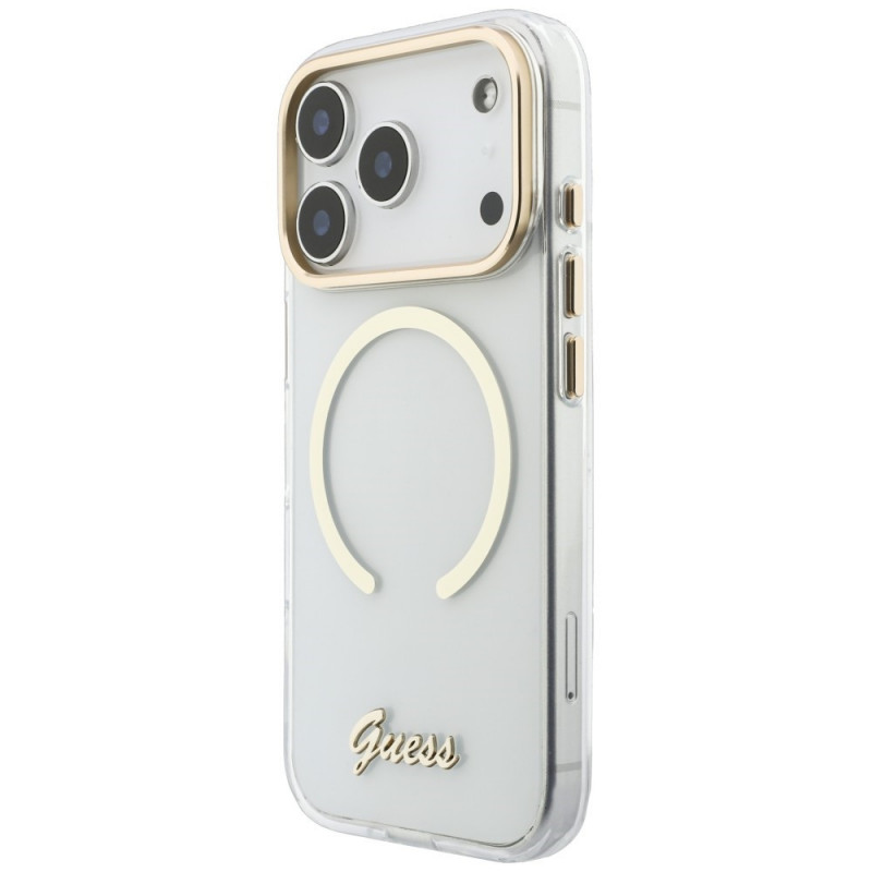 Guess IML Script Metal MagSafe dėklas, skirtas Apple iPhone 18 Pro Max / 17 Pro Max, permatomas