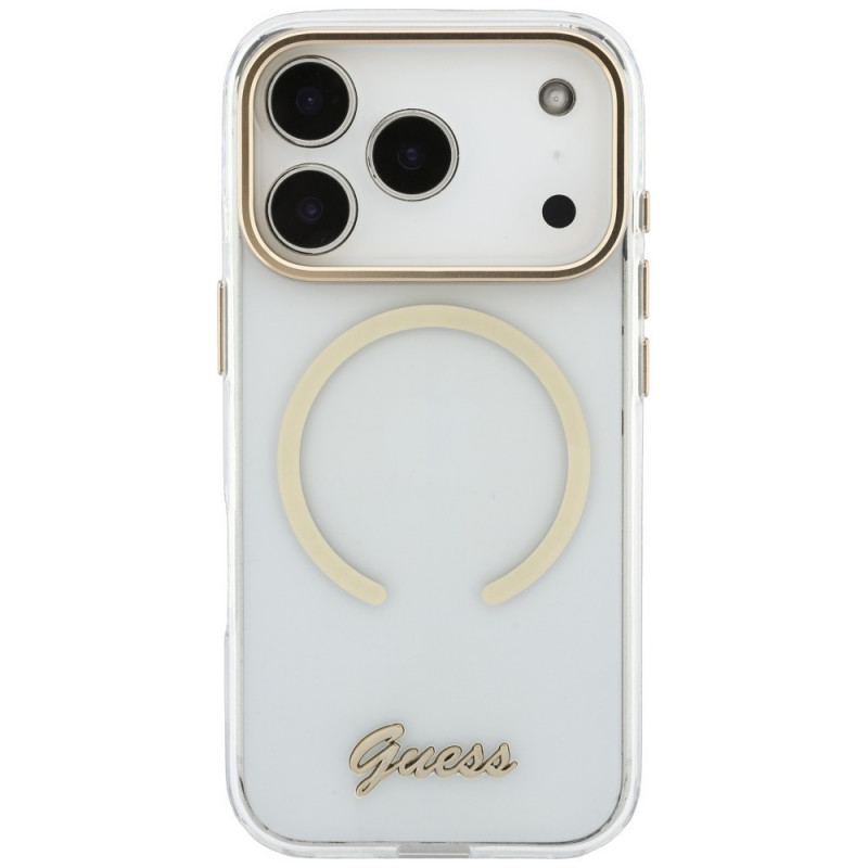 Guess IML Script Metal MagSafe dėklas, skirtas Apple iPhone 18 Pro Max / 17 Pro Max, permatomas