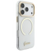 Guess IML Script Metal MagSafe dėklas, skirtas Apple iPhone 18 Pro Max / 17 Pro Max, permatomas