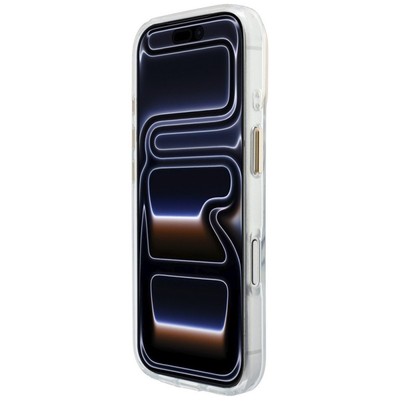 Guess IML Script Metal MagSafe dėklas, skirtas Apple iPhone 18 Pro Max / 17 Pro Max, permatomas