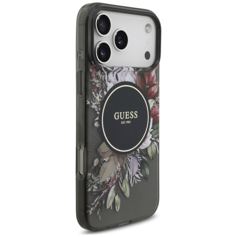 Guess IML Flowers Pearl Strap MagSafe dėklas, skirtas Apple iPhone 18 Pro Max / 17 Pro Max, juodas